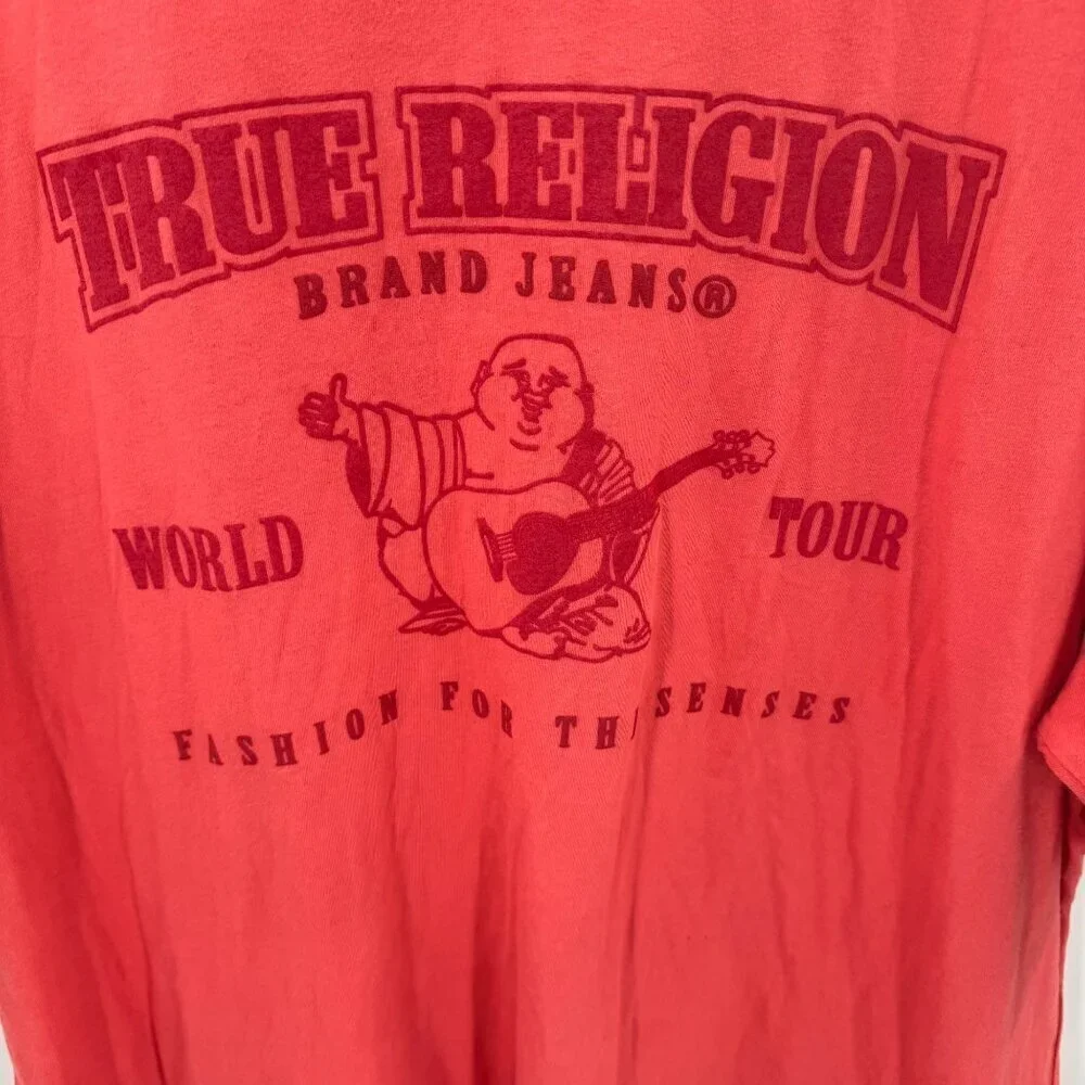 True Religion Red Puff Logo T-Shirt Mens 2XL Made In USA Graphic Buddha Design
